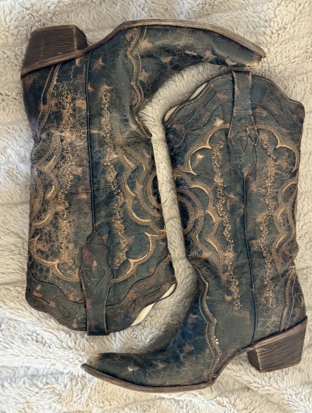 Frieda Cuadra Leather Distressed Brown Embroidered Cowgirl Boots